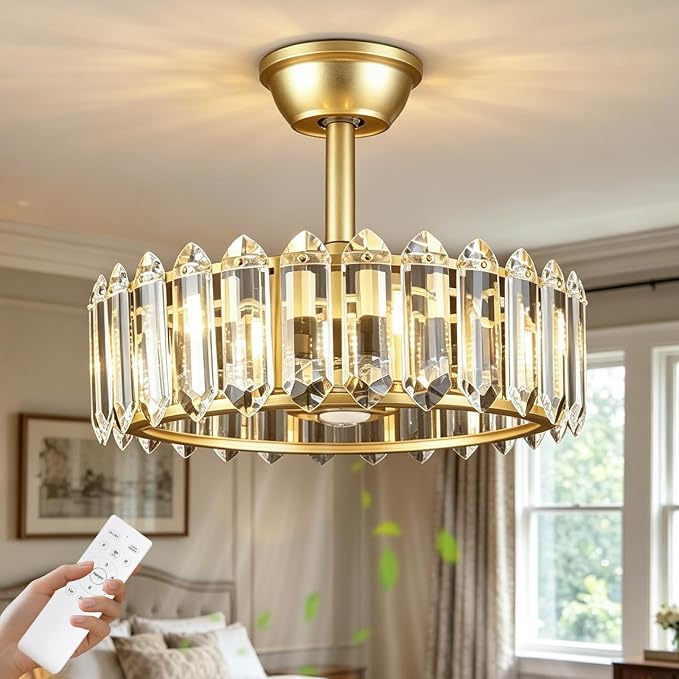 Depuley Bedroom Ceiling Fan with Lights: 18" Gold Chandelier Small Fan with Remote Control - Modern Crystal Fandelier for Girl's Bedroom Living Room Nursery (G9 Bulbs Not Included)