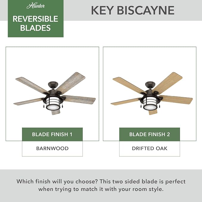 Hunter Key Biscayne, Outdoor or Indoor, Ceiling Fan, 54 inch, Onyx Bengal | with LED Light, Rustic, Standard Mount, Pull Chain, For Bedroom, Living Room, Patio, 59273