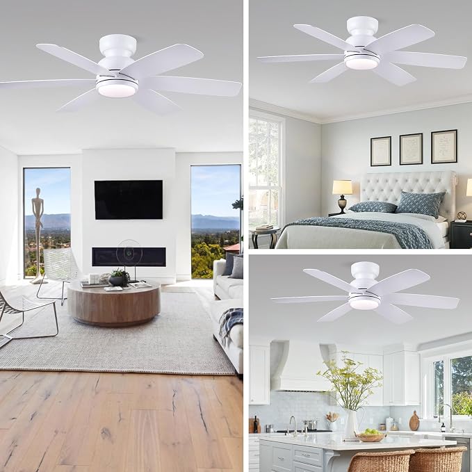 Kviflon 46 Inch Modern Ceiling Fans with Lights Remote Control, Low Profile Ceiling Fan, 6 Reversible Plastic Blades, 6 Speeds 3 CCT Dimmable LED Lights Double Lampshade for Bedroom Living Room, White
