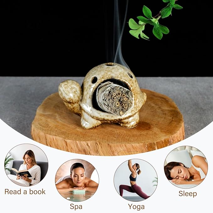 Mougigi Handcrafted Brown Ceramic Turtle Mini Chiminea Palo Santo Burner Holder ，for Burning Sage、Cone Incense、Copal&Small Candle，Thoughtful Gifts for Meditation, Yoga, Aromatherapy Altar、Zen Spaces