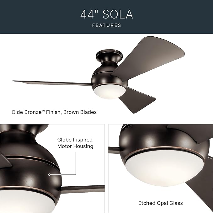 Kichler Sola LED 44" 3 Blade Fan with Etched Cased Opal Glass in Olde Bronze finish and Brown Blades