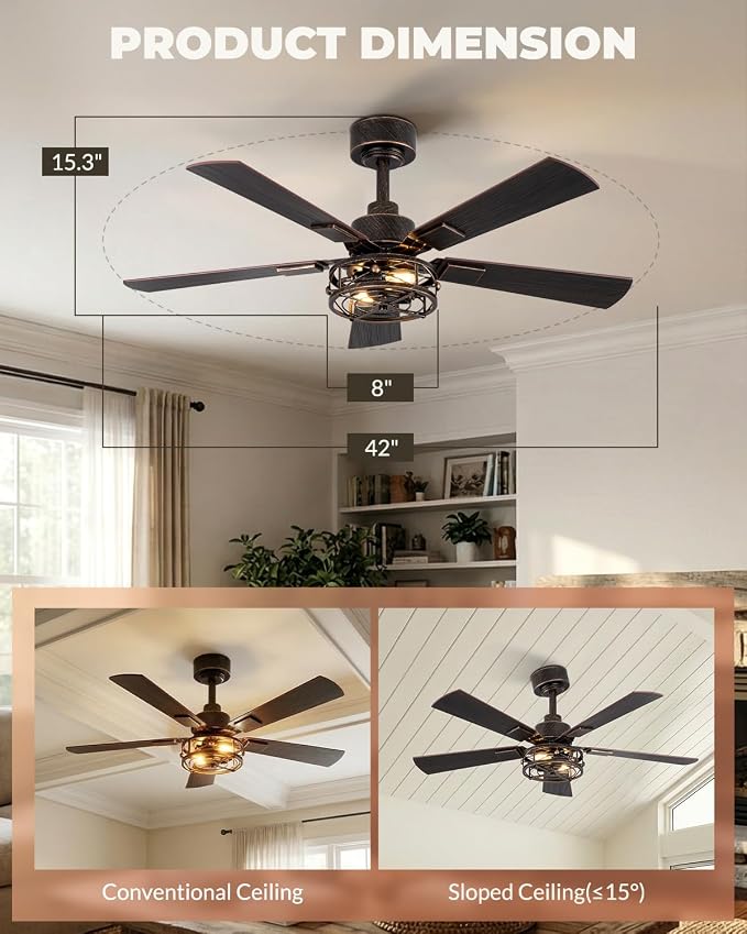 Farmhouse Ceiling Fans with Lights, 42 Inch Bedroom Ceiling Fan with Remote Control, Quiet and Reversible DC Motor, 6-Speed 5 Blades Caged Ceiling Fan for Bedroom, Living Room, Black and Gold Color