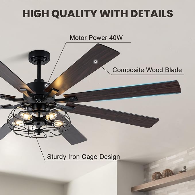 72 Inch Ceiling Fans with Lights Black Farmhouse Ceiling Fan with Remote for Living Room Large Caged Chandelier Fan 5*E26 Bulbs 6 Speed Reversible Quiet DC Motor Wood Blades (NO Bulbs)