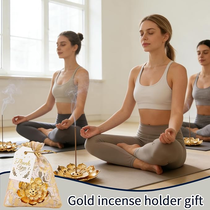 60Set Return Gifts for Pooja, Lotus Incense Holder, Indian Return Gifts for Pooja Bulk, Gold Lotus Incense Sticks Holder with Organza Bags & Thank You Cards, Diwali Party Favors