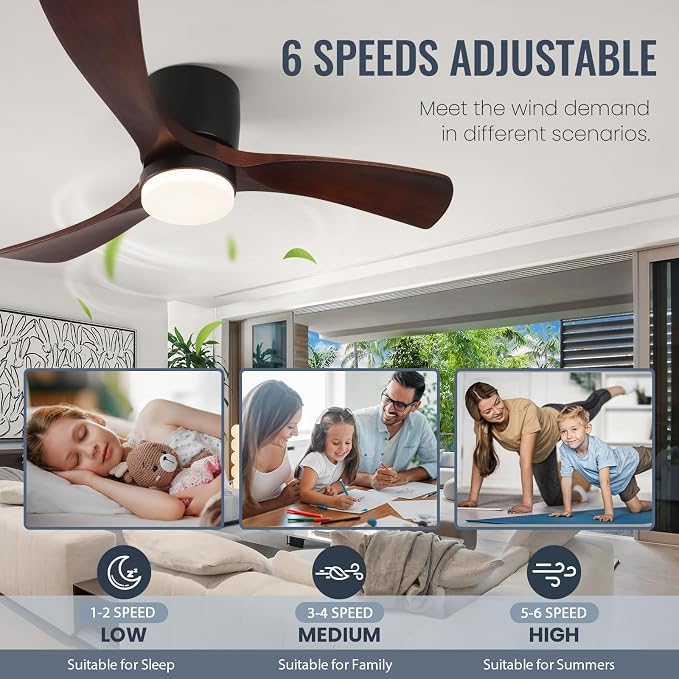 GESUM 42" Ceiling Fan with Lights Remote Control, Low Profile Ceiling Fan with 3 Walnut Wood Blades, Reversible,Dimmable, Flush Mount Ceiling Fans for Living Room Kitchen Bedroom(Black+Walnut)