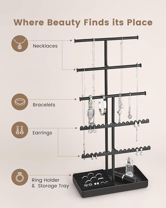 Lolalet 5-Tier Jewelry Organizer Stand, Metal Jewellery Holder, Dresser Display Rack for Necklace Earring Bracelets Rings, Gift for Women Girls -Black