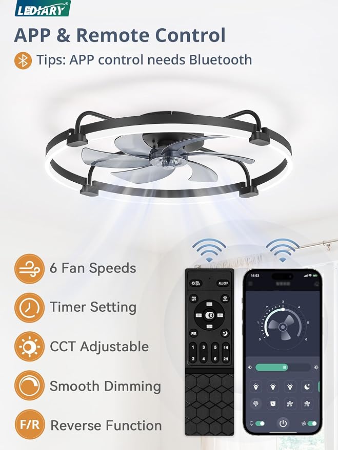 LEDIARY 26" Ceiling Fans with Lights and Remote, Low Profile Led Fan Light | Stepless Dimmable Fandelier, 6 Wind Speeds, Remote and APP Control, Flush Mount Ceiling Fan for Bedroom, Living Room, Black