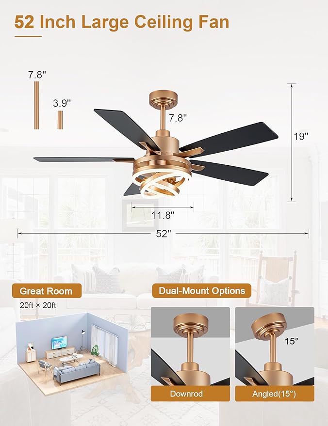 52" Black and Gold Modern Chandelier Fandelier Ceiling Fan with Light | DC motor, reversible, dimmable, 3 adjustable rings for DIY shape; recommended for bedroom, living room, and indoor use.
