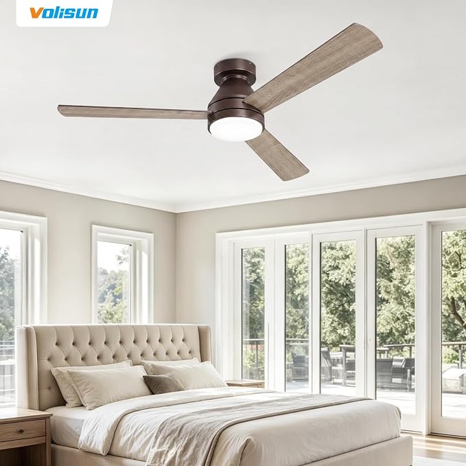 VOLISUN Ceiling Fans with Lights Flush Mount, 42 inch Low Profile Ceiling Fan with Light and Remote, Queit & Reversible Motor,3CCT, Dimmable, Brown Modern Ceilings Fans for Bedroom, Living Room