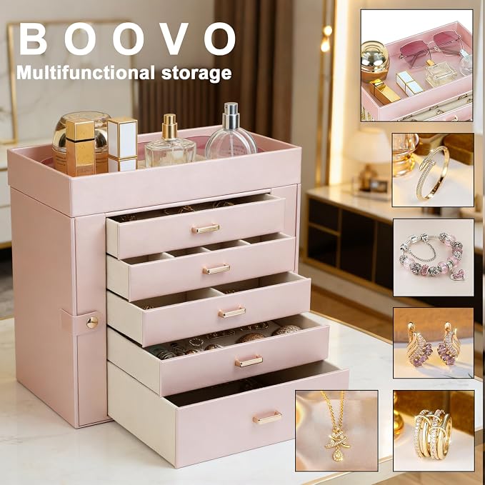 BOOVO Large Jewelry Boxes For Women (Rose Gold, 6 Layer) | 6 Layers Jewelry Organizer Box With Cosmetic Storage Drawer, Necklace Ring Jewelry Organizer Box