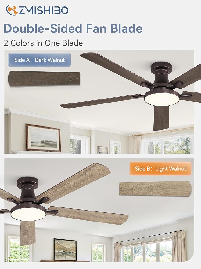 ZMISHIBO 60 Inch Flush Mount Ceiling Fan with Light, Remote&APP, Oil Bronze | 6-Speed Quiet DC Motor, Dimmable 24W LED with 3CCT (3000K-6500K), Modern Low Profile for Living Room, Bedroom, Kitchen