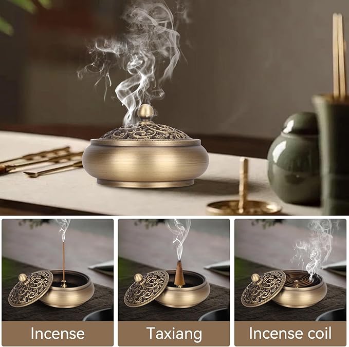 Brass Incense Burner with Lid, Antique Incense Holder Censer Incense Burner Bowl with Lid for Coils Stick Incense Home Office Decor Indoor Ornament Handicraft