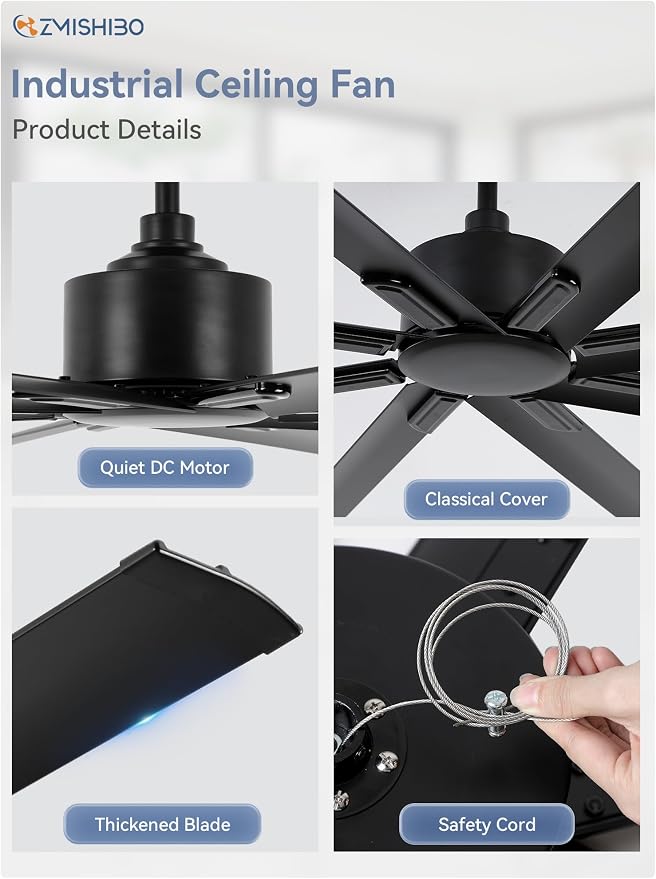 ZMISHIBO 96 Inch Ceiling Fans No Light, Large Industrial Ceiling Fan with 8 Aluminium Blades, Quiet DC Motor, 6 Speeds, Modern Ceiling Fan without Light for Garage/shop/living room,Black