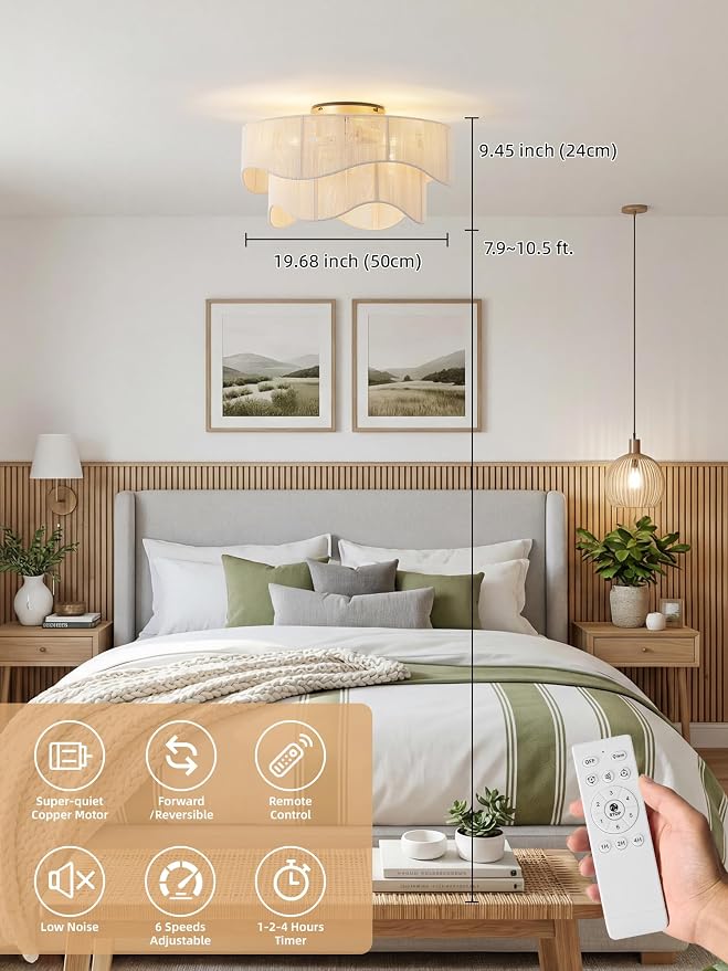 Flush Mount Ceiling Fan with Lights, 20" Low Profile Boho Ceiling Fan with Light Remote Control, Caged with 6 Speeds for Bedroom, Nursery, Living Room
