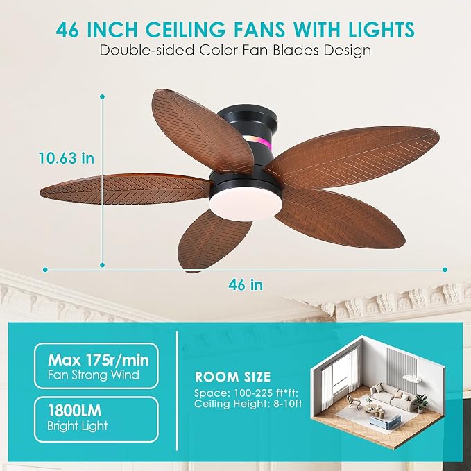 Surtime 46" Ceiling Fans with RGB Lights - Flush Mount Ceiling Fan Light with LED 3CCT Dimmable, Tropical Palm Leaf Ceiling Fans for Indoor Party,Covered Outdoor （Brown）