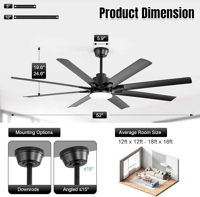 Sofucor 52 Inch Ceiling Fans with Lights, Modern Black Ceiling Fan with Lights and Remote, Reversible Quiet DC Motor, 3 CCT, ABS 8 Blades Indoor/Outdoor Fan Light for Bedroom Living Room Patio