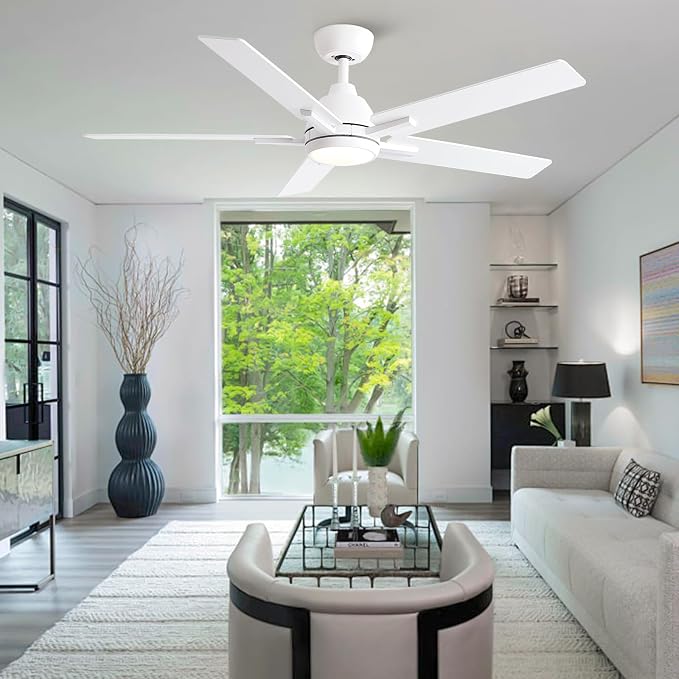 Sevenine 52 Inch Downrod White Ceiling Fan with Light & Remote, ETL Listed | 6 Speed, Quiet DC Motor, 3-Level Timer Function, 3 Color Temperature, Forward/Reserve For all Seasons, Indoor/Covered Outdoor