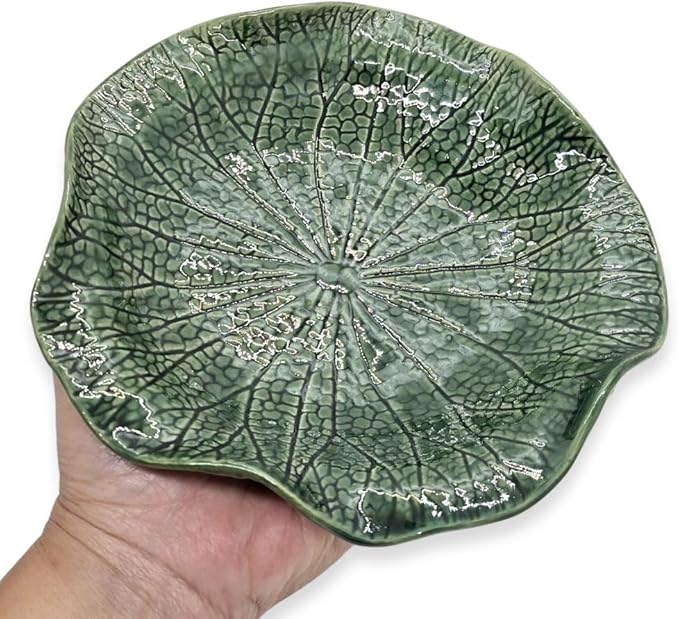Tiny 6¾" Green Lotus Leaf Shaped Tray - Handmade Ceramic Porcelain Decorative Plate Dish Catchall Miniature Container For Jewelry Personal Items Incense Holders Trays Décor Gifts