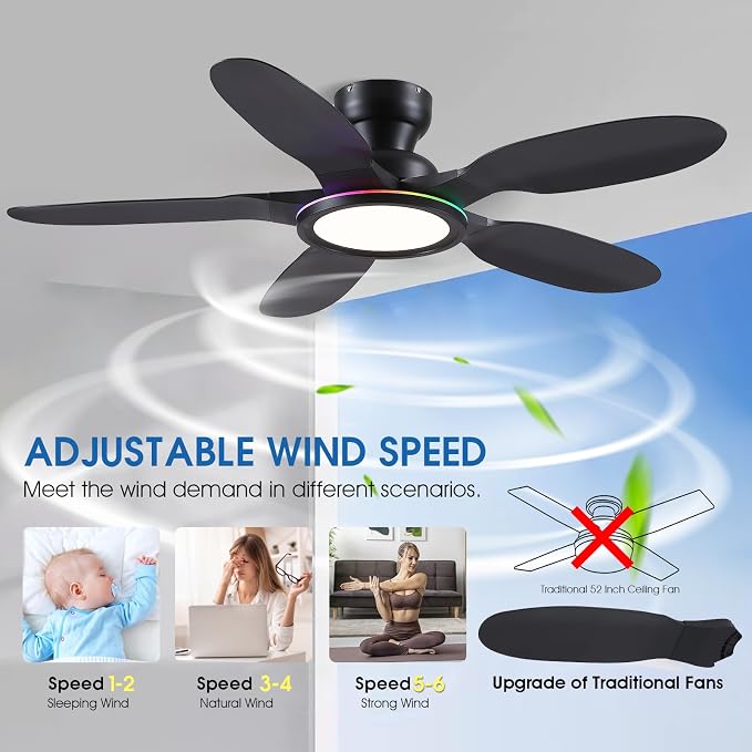 Kviflon Ceiling Fans with Lights and Remote/APP Control, 52 inch Low Profile Ceiling Fans with Dimmable White + RGB Ring Lights, 6 Speeds 5 Curved Blades for Kids Room Bedroom Bar, Black