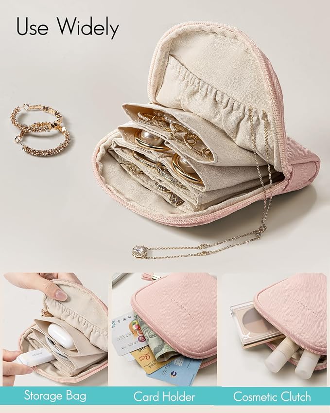 VLANDO Small Travel Jewelry Organizer,Jewelry Pouch Bags,Velvet Jewelry Storage Bag for Bracelet Rings Earring,Portable Jewelry Travel Case for Traveler-Pink