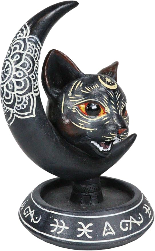 Ebros Gift Paranormal Occult Ouija Sacred Geometry Black Cat with Crescent Moon and Mandala Chakra Flower Backflow Cone Incense Burner Holder with Cascading Smoke Pool Waterfall Effect Figurine