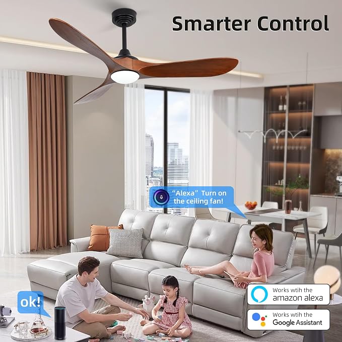 52” Outdoor Ceiling Fan with Light and Remote via WiFi Alexa, 3 Walnut Solid Wood Blade, Noiseless Reversible Dc Motor, Smart Outdoor Wood Ceiling Fan for Farmhouse Patios, Walnut