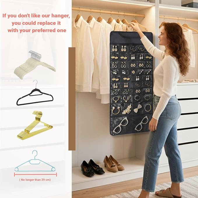 FOREGOER Hanging Jewelry Organizer Storage Roll 88 Zippered Pockets,Dustproof Foldable for Travel,Double-Sided Accessories Organizer Holder for Earring Necklace Ring on Closet Wall Door(Black,1 Pack)