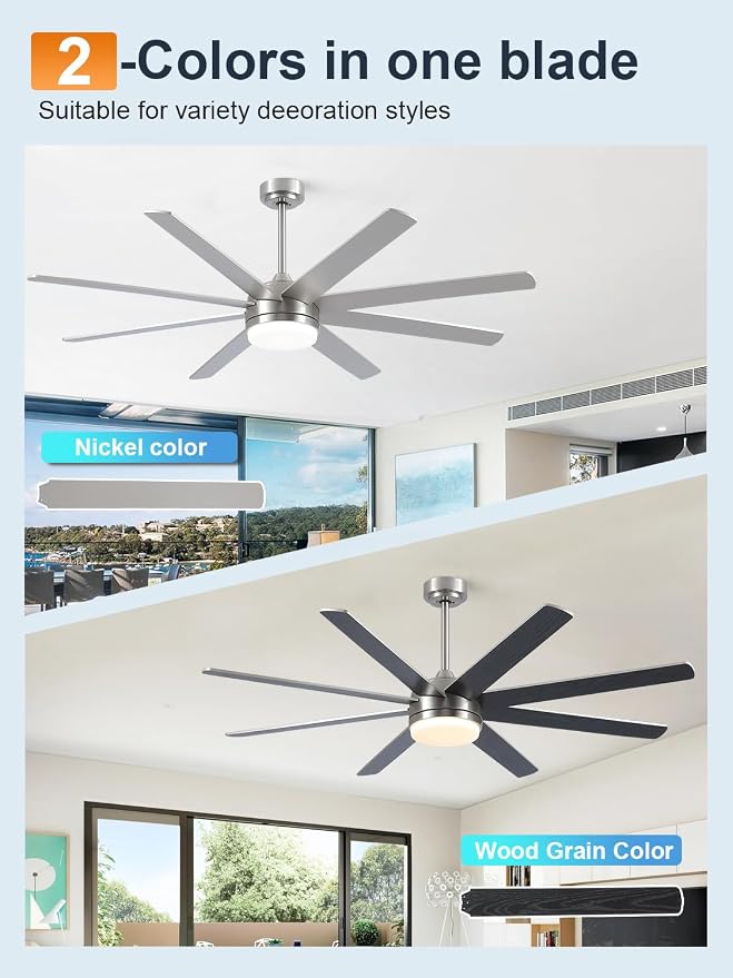 YUHAO 62 Inch Brushed Nickel Ceiling Fan with Light and Remote Control.Noiseless,Dimmable,3CCT,6 Speeds Reversible, DC Ceiling Fans for Indoor or Covered Outdoor Use.ETL Listed