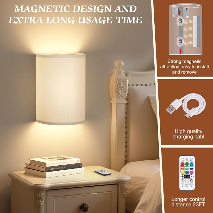 OCATO Battery Operated Wall Sconce: Wireless Wall Sconces Set of Two Battery Operated Magnetic Lamp Rechargeable Lights Dimmable with 16 RGB Colors with Remote Walls Decor for Bedroom Living Room