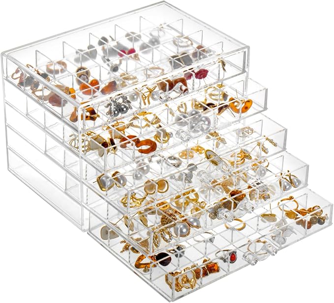 YUFONG Earring Storage Box Organizer, Acrylic Jewelry Storage Box Holder 5 Drawers Transparent Jewelry Display Stand with 120 Small Compartments Gift Boxes for Women Girls (Clear)