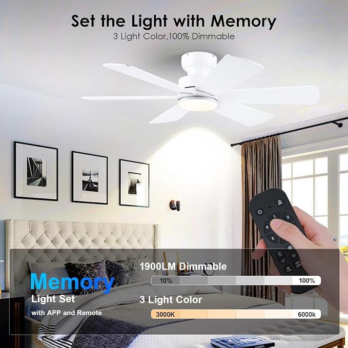 BayDay 46 inch Ceiling Fans with Lights, Ceiling Fan with Remote APP, Dual-Sided Modern/Rustic 6 Blades, Reversible, 3CCT, Flush Mount Low Profile Ceiling Fan with Lights Bedroom Kitchen Indoor White