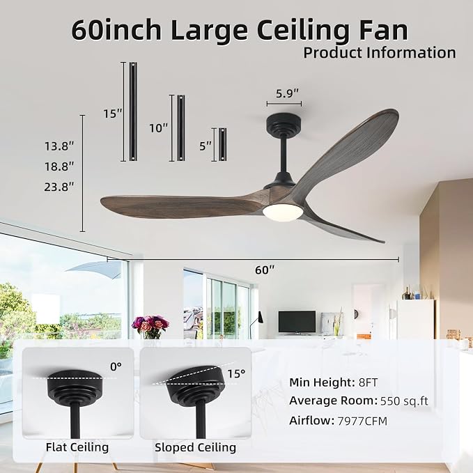 60” Outdoor Ceiling Fan with Light 3 Downrods, Smart Wood Ceiling Fan Compatible with Alexa/Google/App, 3 Blades Modern Walnut Wood Ceiling Fans for Kitchen Living Room Patio,Dark Brown