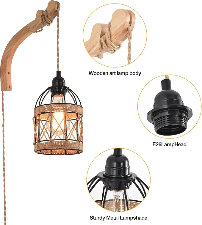 Plug in Wall Sconce,Farmhouse Wicker Wall Lamp Plug in,Hand Woven Rattan Wall Light Farmhouse Rustic Boho Sconces Wall Lighting for Living Room Bedroom