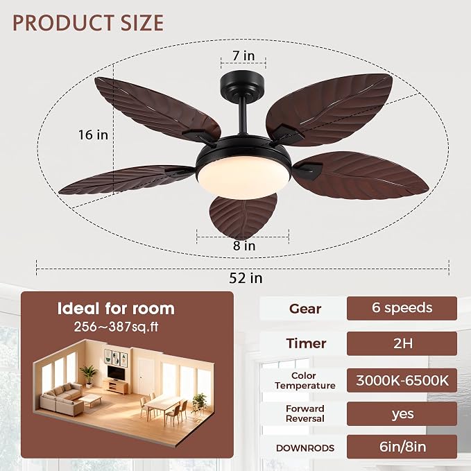 GJeg Tropical Ceiling Fans with Lights and Remote,52Inch Outdoor Palm Leaf Ceiling Fan for Patios Porch Bedroom, Dimmable LED Light, 6 Speeds, Reversible,Dark Brown