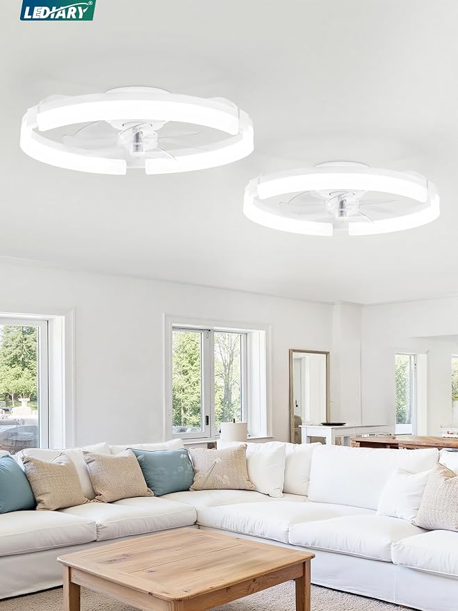 LEDIARY 2 Pack 20" Ceiling Fans with Lights and Remote, Low Profile Ceiling Fan, 3 CCT, Stepless Dimmable, Fandelier Flush Mount Fan Light, 6 Speeds, DC Motor, App & Remote Control for Bedroom(White)