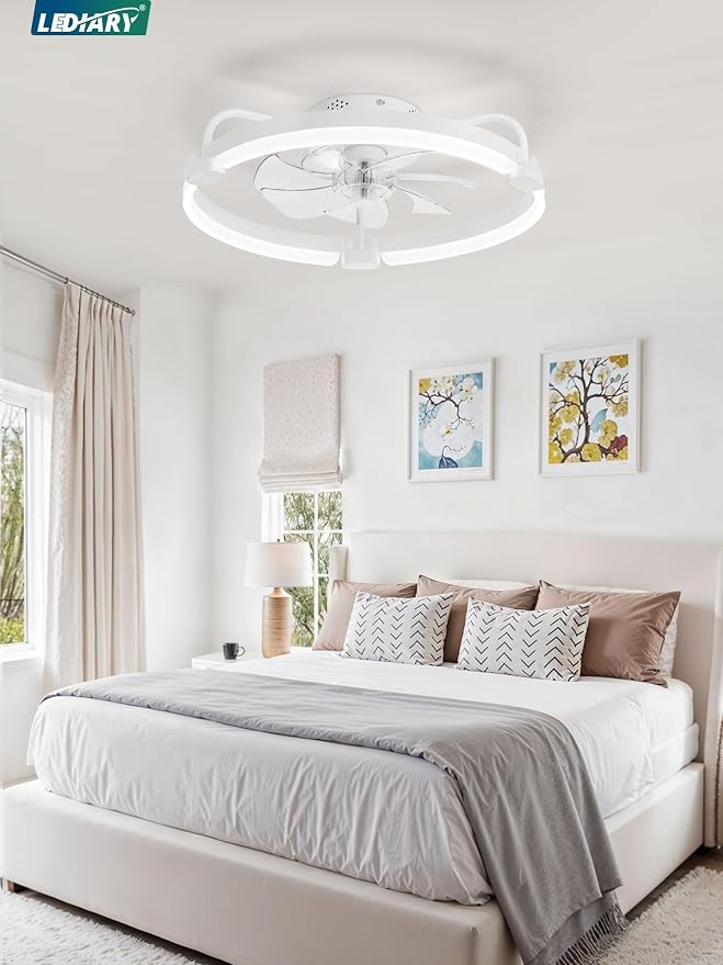LEDIARY Ceiling Fans with Lights and Remote, 20'' Low Profile Ceiling Fan with Light, 3000-6000K Dimmable Fandelier LED Fan Light, 6 Wind Speeds, White Modern Flush Mount Ceiling Fan for Bedroom