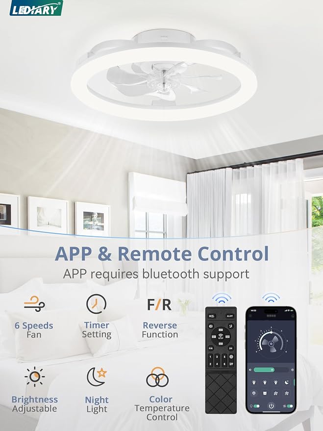 LEDIARY 20 Inch Low Profile Ceiling Fans with Lights and Remote, Dimmable Modern Fan Light(3000K-6000K), 6 Speed, Reversible, APP & Remote Control, Flush Mount Ceiling Fan for Bedroom, White