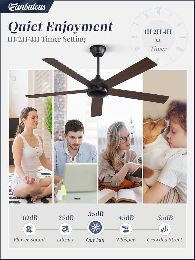 Fanbulous 52 Inch Ceiling Fans No Light with Remote, Black Indoor/Outdoor Ceiling Fan Without Light with Quiet Reversible DC Motor, 6 Speeds, 5 Blades Modern Ceiling Fan for Living Room Bedroom Patio