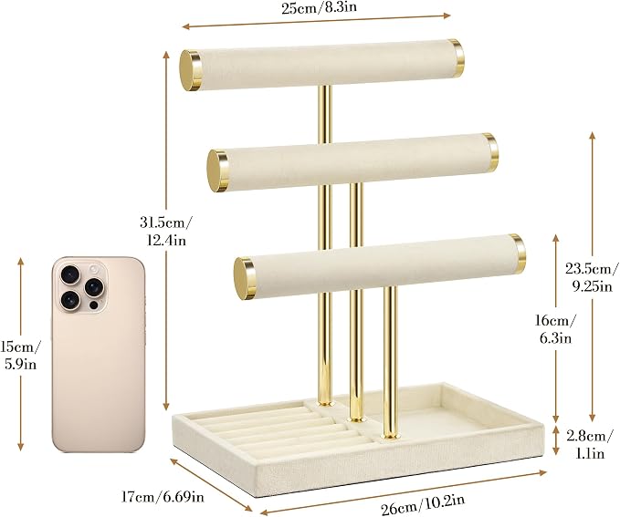 Jewelry Organizer Stand Display, 3 Tier Velvet Bracelet Holder, Beige | Jewelry Organizers and Storage | Jewelry Tree | Jewelry Towers for Necklaces, Bracelets, Earrings, Rings