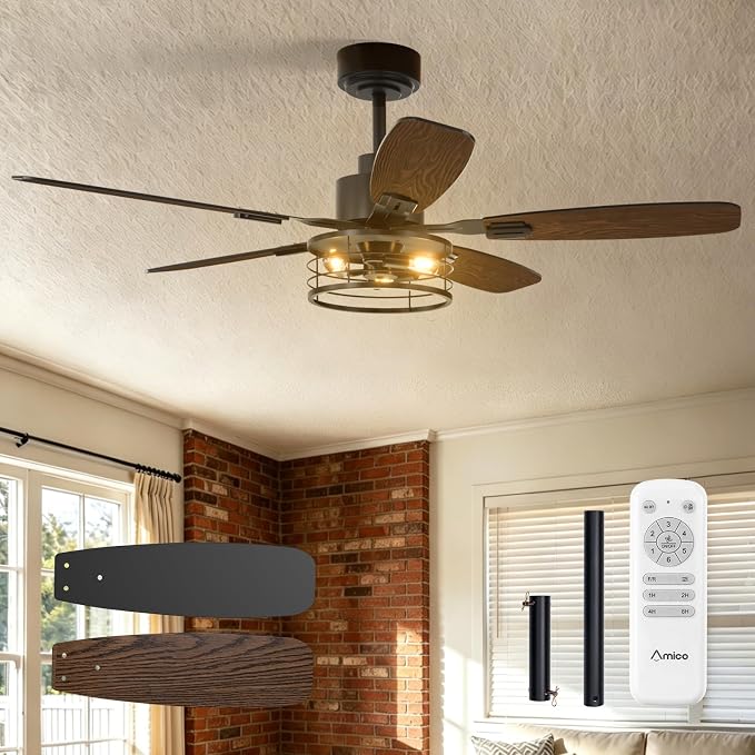 Amico 52 inch Ceiling Fans with Lights, Caged Ceiling Fan with Light and Remote Control, Dimmable, 3CCT, Quiet, Black Farmhouse Ceiling fan For Living Room, Patio, Bedroom, Kitchen, Indoor/Outdoor Use