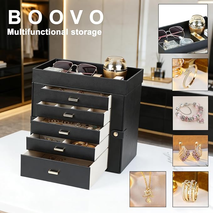 BOOVO Large Jewelry Boxes For Women (Black, 6 Layer) | 6 Layers Jewelry Organizer Box With Cosmetic Storage Drawer, Necklace Ring Jewelry Organizer Box