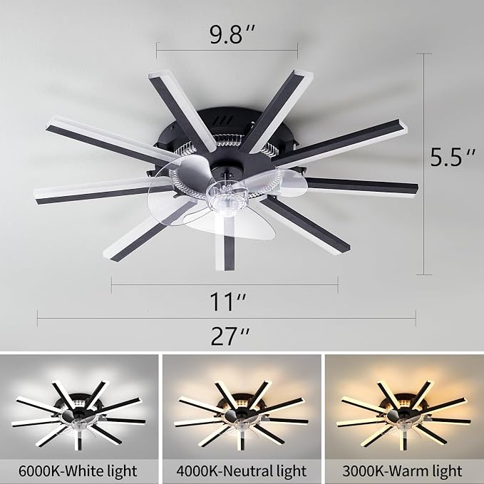 Modern LED Ceiling Fan with Light, 30" Low Profile Flush Mount Fandelier with Remote Dimmable 6 Speed Smart Ceiling Fan for Bedroom Living Room Dining Room