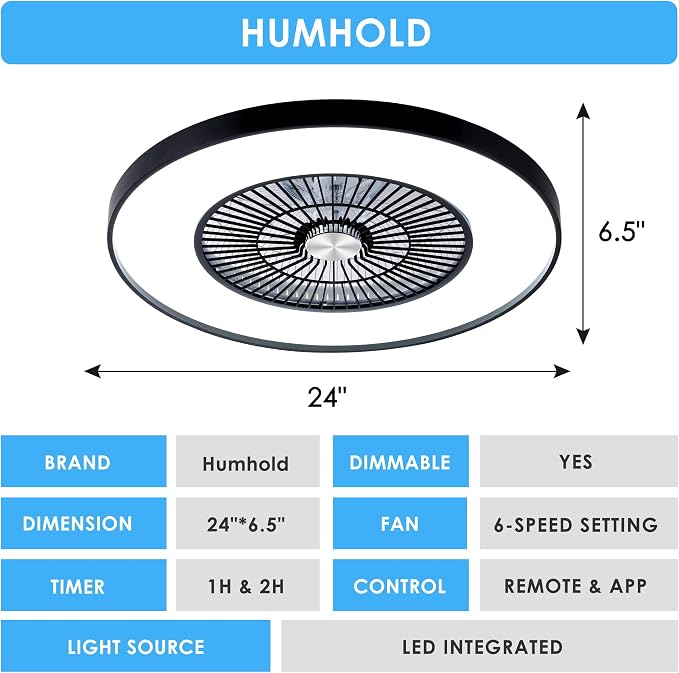 24" Bladeless Ceiling Fans with Lights and Remote/APP Control, Low Profile Ceiling Fan with 3-Dimmable Lights, Enclosed Flush Mount Ceiling Fan for Kid's Bedroom/Living Room