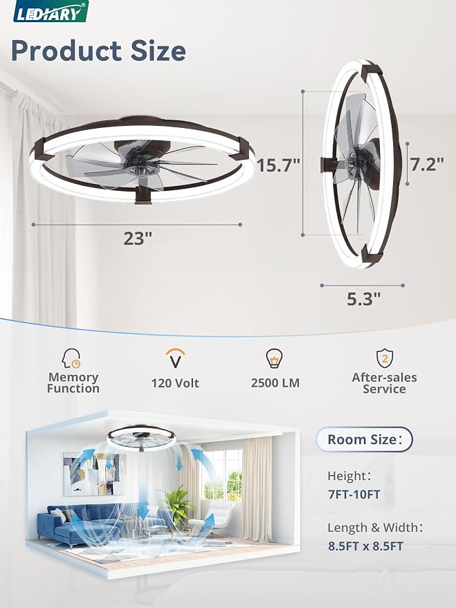 LEDIARY Ceiling Fans with Lights, 23 Inch Low Profile Ceiling Fan with Remote, 6 Speeds, Reversible, Dimmable Flush Mount Fan Light, Modern Fandelier Ceiling Fan with Lights for Bedroom, Brown