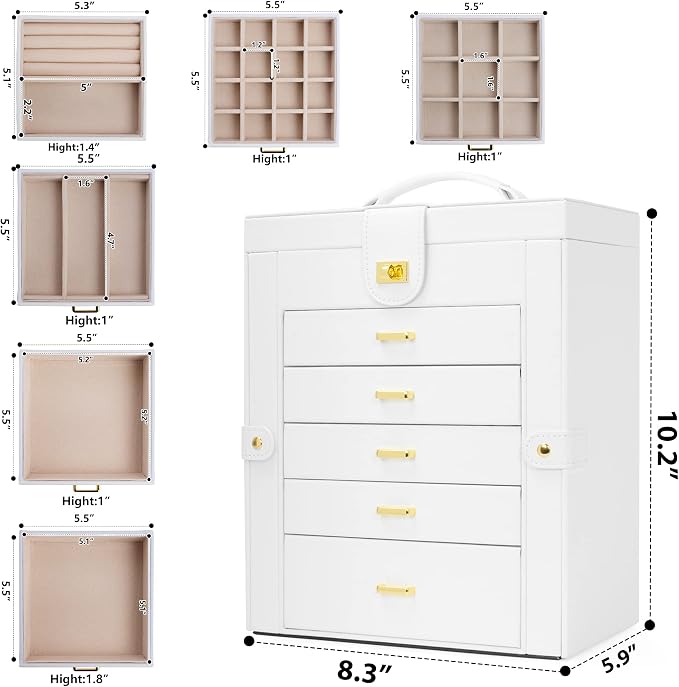 AKOZLIN 6-Tier Jewelry Box Organizer Functional 5 Drawers Leather Jewelry Storage Case for Women Girls Ring Necklace Earring Bracelet Holder Organizer with Mirror White Regular