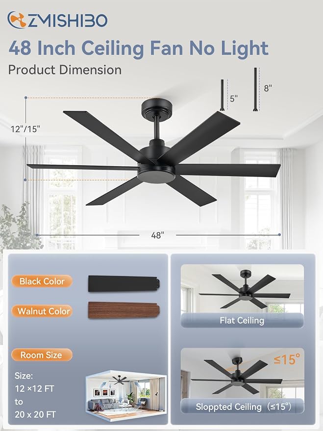 ZMISHIBO 48 Inch Ceiling Fan No Light, Black Ceiling Fan Without Light, 6 Blades, Quiet Reversible DC Motor, 6-Speeds, Modern Ceiling Fan for Living Room, Bedroom, Patio, Indoor/Outdoor Use