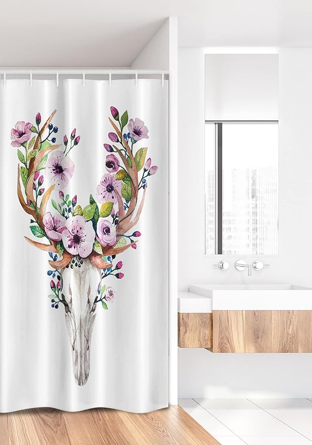 Ambesonne Skull Stall Shower Curtain, Deer Animal Floral Horns Nature Cycle Inspired Dead and Living Art Print, Fabric Bathroom Decor Set with Hooks, 36" W x 72" L, Brown Purple