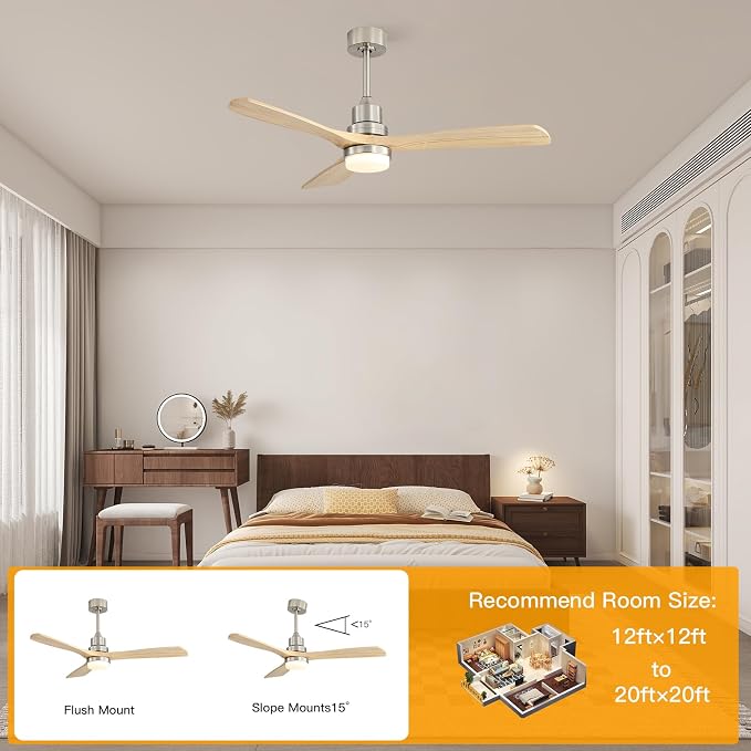 Sofucor 52" Ceiling Fan with Lights and Remote Control, Indoor Outdoor Modern Wood Ceiling Fan for Bedroom Living Room Patio Porch, with Reversible DC Motor, 6 Speeds, 3 Color Temperature