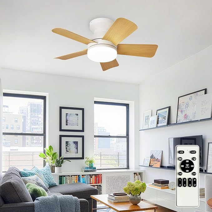 Depuley Modern Ceiling Fan with Light: 25-Inch White Small Fans for Bedroom Indoor Outdoor - Dimmable Low Profile Ceiling Fans with Remote Control Flush Mount 5 Reversible Wood Blades 6 Speeds Timer