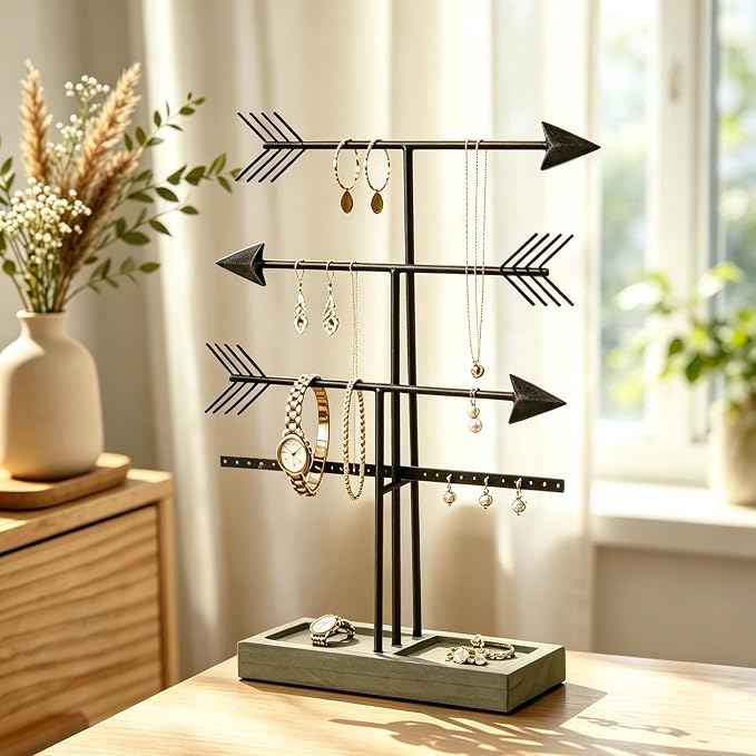 Urban Deco Arrow Jewelry Organizer Stand 4-Tier Black Jewelry Stand Necklace Organizer With Wooden Ring Holder For Jewelry Display Bracelet Holder Stand Earring Organizer For Girls - Black